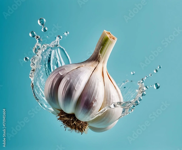 Fototapeta Whole garlic bulb bursting through refreshing water splash on teal background, aromatic culinary ingredient for Mediterranean cooking, immunity support, and natural wellness.