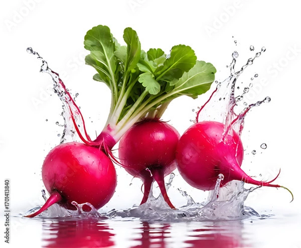 Fototapeta Three fresh red radishes with leafy greens exploding in crystal water splash, bright studio macro on white for healthy salad, vegan cooking, and farm-fresh produce.