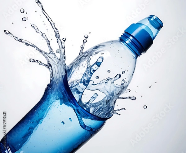 Fototapeta Close-up blue plastic bottle with cap in a sparkling splash, crisp studio product visual suggesting freshness, durability, and everyday hydration