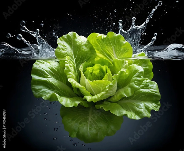 Fototapeta Lush romaine lettuce exploding in a dramatic splash on black, vivid farm-fresh still life for salad, wraps, and wholesome lifestyle content.