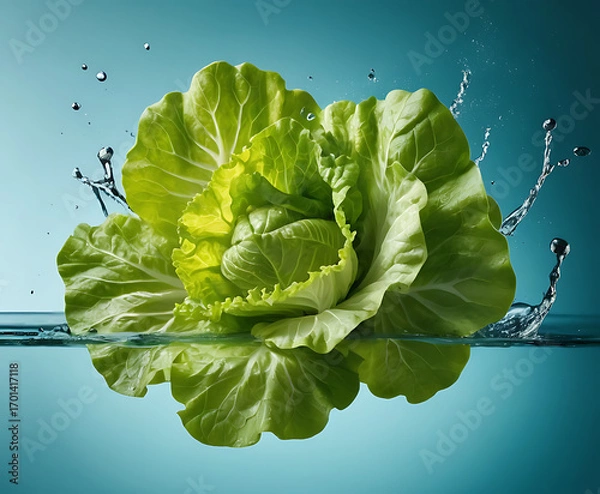 Fototapeta Crisp green lettuce head bursting with droplets on aqua, fresh salad hero for healthy eating, detox menus, and market-fresh visuals.