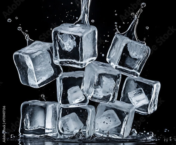 Fototapeta Tower of transparent ice cubes with energetic splash on black, glossy abstract still life for cocktails, bars, and ultra-cool beverage design.