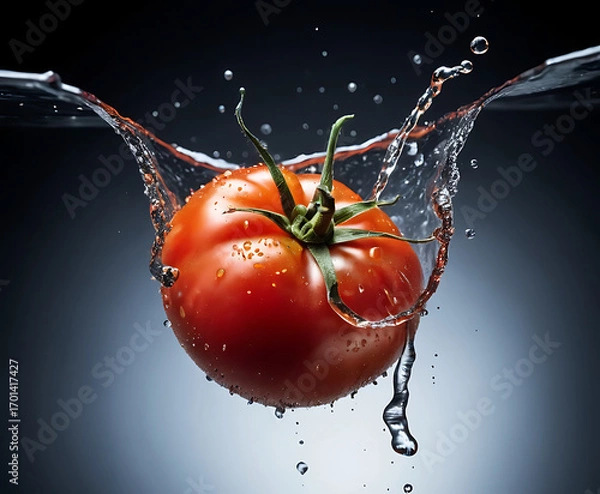 Fototapeta ripe tomatoes with vine stems in a dramatic splash on black, punchy studio still life for juicy natural food stories.
