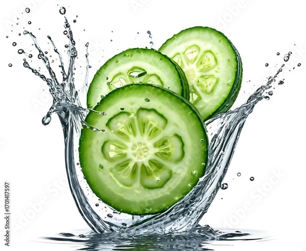 Fototapeta Stacked cucumber slices jumping through a clean splash on white, cool crunchy vegetable macro for detox menus, spa visuals, and summer salad concepts.