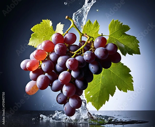 Fototapeta Lush grape cluster with vine leaf and sparkling rinse, dramatic dark studio macro for harvest, wine, and antioxidant-rich fruit storytelling.