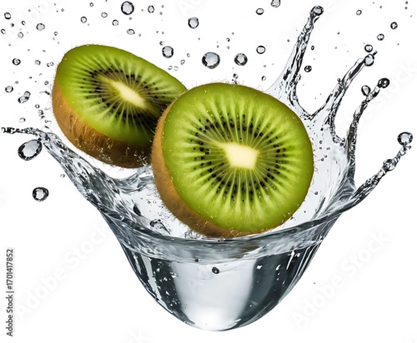 Fototapeta Three kiwi slices swirling in a clear glass bowl splash, crisp tropical macro for smoothies, breakfast bowls, and bright plant-based wellness layouts.