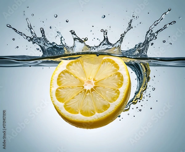 Fototapeta Zesty lemon half floating at the water surface with lively bubbles, bright studio citrus macro ideal for lemonade, cocktails, and healthy refreshment themes.