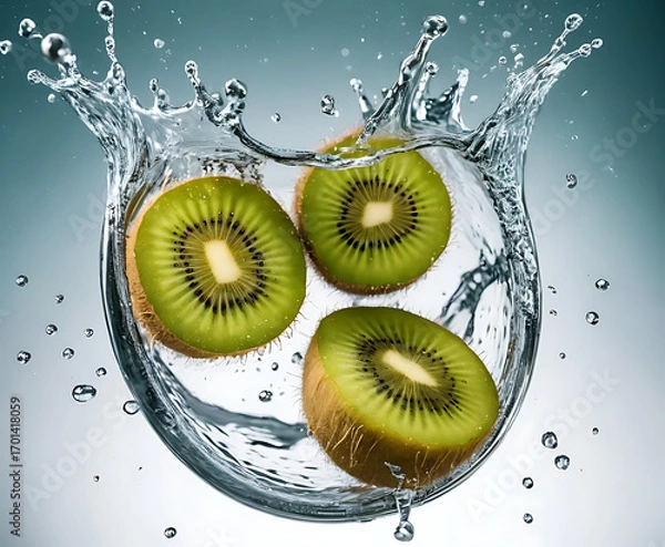 Fototapeta Two juicy kiwi halves plunging into a crystal water burst, vivid seed detail for tropical freshness, smoothies, and nutritious plant-based lifestyle content.