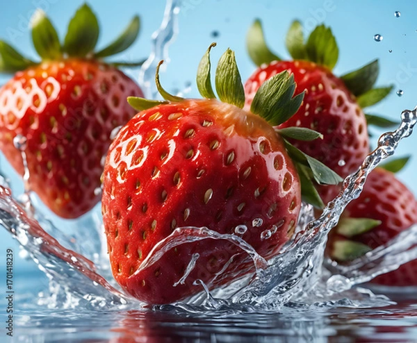 Fototapeta Fresh strawberries with green caps diving into sparkling water, bright studio fruit macro for desserts, smoothies, and joyful summer nutrition themes.