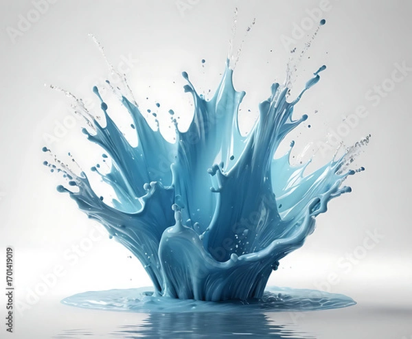 Fototapeta Symmetric aqua crown wave rising from a white surface, refined splash geometry for purity, hydration, and sleek minimalist product design.