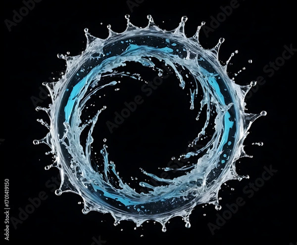 Fototapeta Macro close-up of a suspended water droplet with refraction and soft blue reflections, minimalist purity symbol for hydration and clarity.