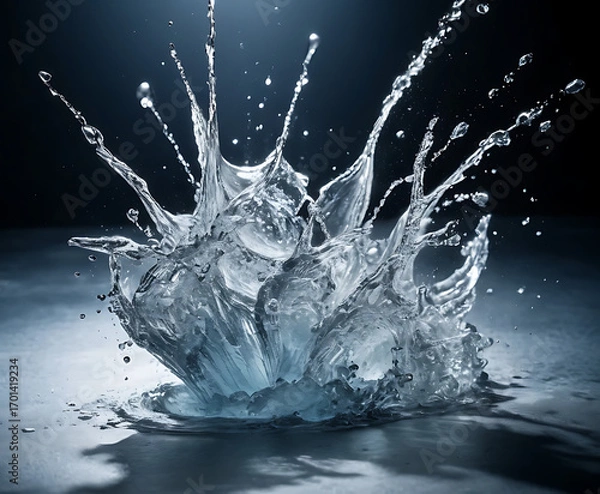 Fototapeta Dramatic crown splash on a deep dark stage, high-speed water impact with flying droplets for premium product advertising and energy themes