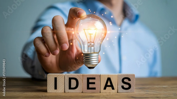 Obraz Discover creative business ideas, innovation concept with glowing lightbulb inspiration insight