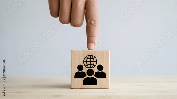 Obraz Global team collaboration concept, wooden cube with people and globe icon, building strong diverse teams