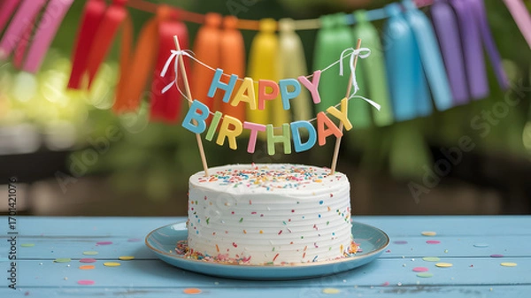 Obraz Delightful birthday cake with cheerful sprinkles celebrates a fun and festive occasion with joy
