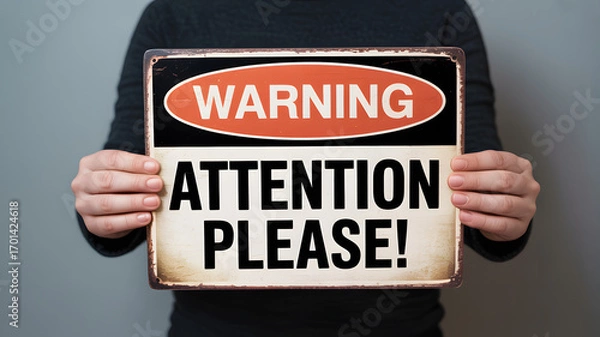 Obraz Urgent warning sign held for attention please, important announcement, alert, and awareness