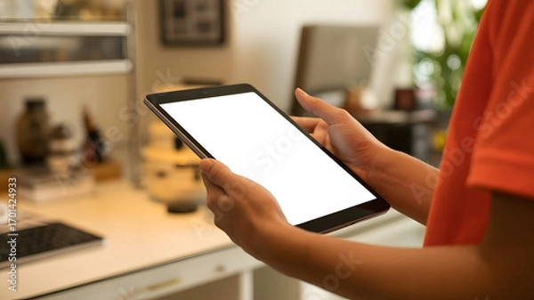 Obraz Person holding a digital tablet device with a blank screen for your app or website design