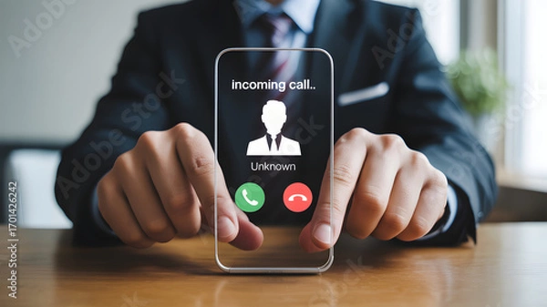 Obraz Business professional receives an unknown incoming call on their mobile phone, contemplating whether to answer