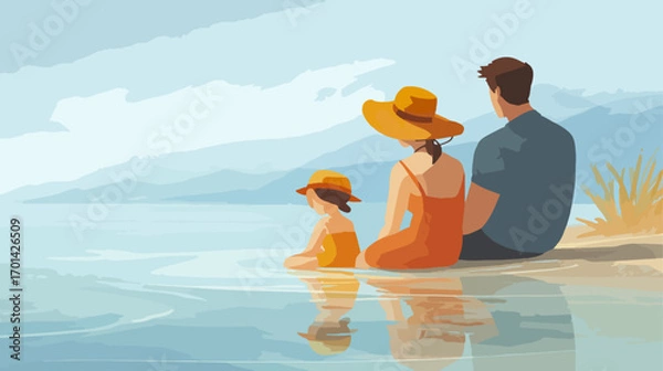Fototapeta Family relaxing by lakeside
