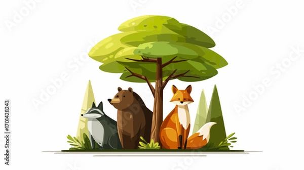 Fototapeta Forest animals under tree illustration