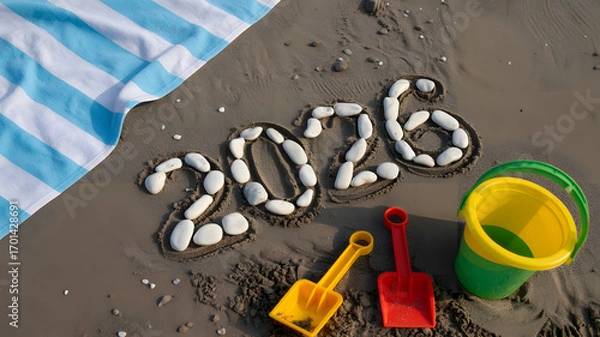 Obraz Dreaming of 2026 beach days with buckets and shovels, towel, and sandcastles, summer fun with kids