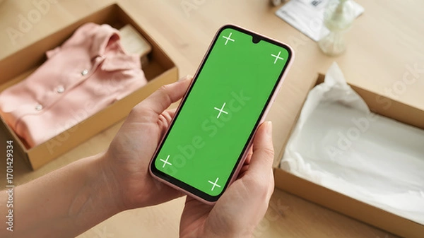 Obraz Woman using phone with green screen to track package arrival from online clothing store