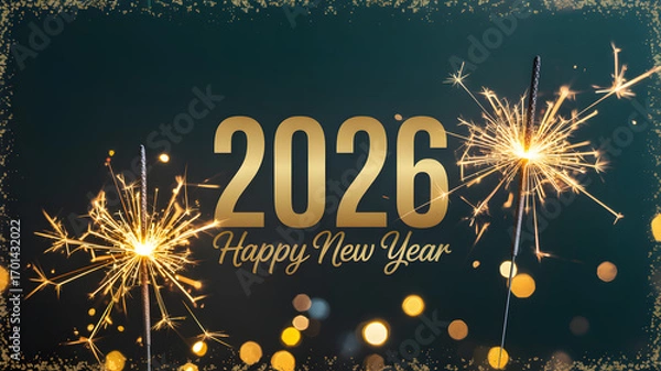 Obraz Sparkling 2026 New Year celebration with festive golden sparklers and bokeh lights for a joyful holiday