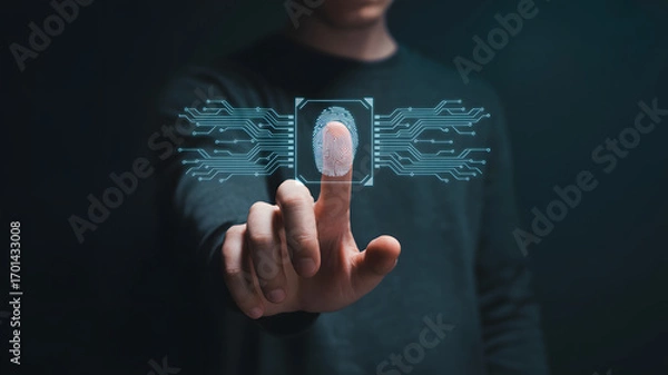 Obraz Person's finger touches digital fingerprint scanner for secure access and biometric identification technology