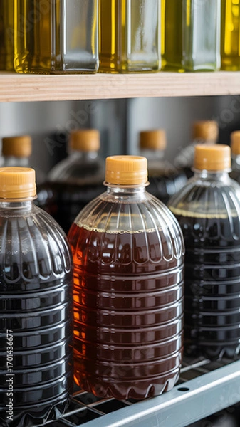 Obraz Rows of vertically oriented, large clear plastic jugs filled with light and dark brown liquids and tan colored caps, arranged on shelves.