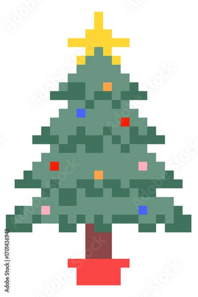 Fototapeta Pixel art Christmas tree decorated with colorful ornaments and a yellow star on top. Perfect for holiday design, retro games, digital art, and festive projects.