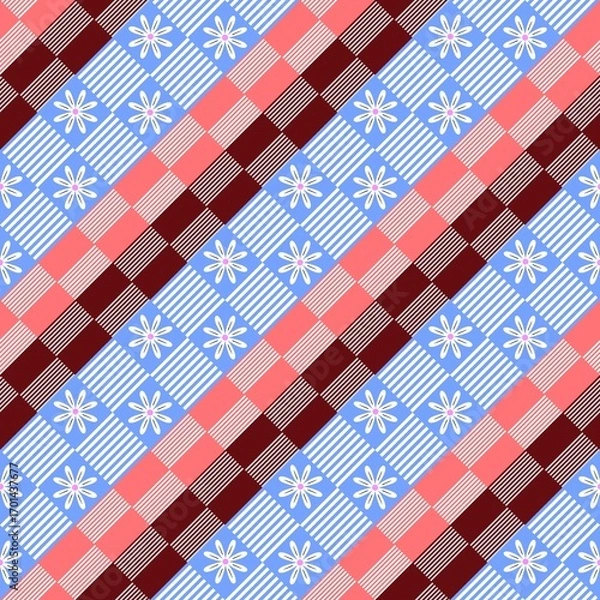 Fototapeta Seamless floral geometric pattern with checkered squares in blue, pink, and burgundy colors. Decorative design ideal for textile, fabric, wallpaper, wrapping paper, and digital backgrounds.
