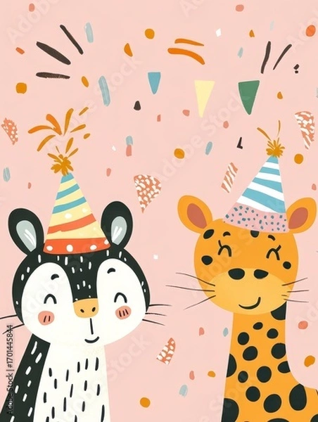 Fototapeta Happy Animals Birthday Party - Two adorable cartoon animals, a bear and a leopard, wearing party hats, celebrate amidst colorful confetti on a pink background