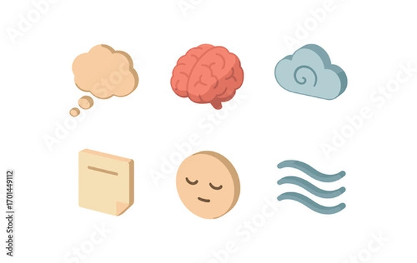 Fototapeta isometric icon items isolated on white background thought brain icon swirl cloud paper note calm face flow lines