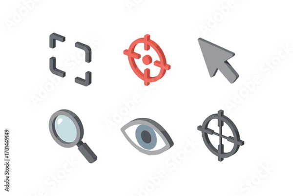 Fototapeta isometric icon items isolated on white background focus circle arrow point lens eye crosshair lines