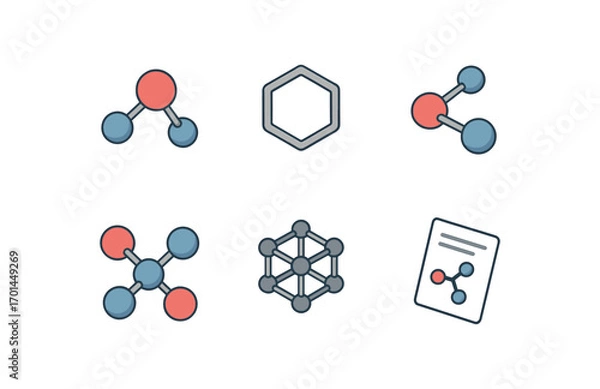 Fototapeta isometric icon items isolated on white background molecular model hex ring node bonds sphere links lattice icon chemistry sheet
