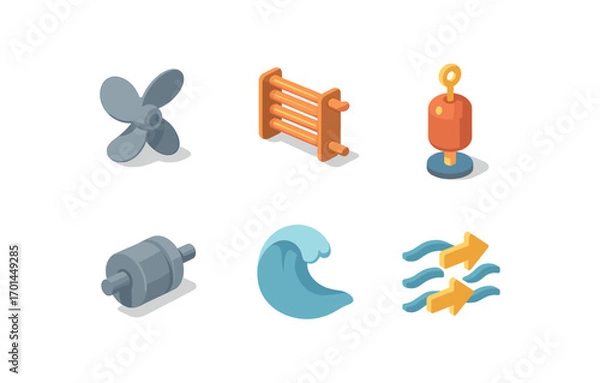Fototapeta isometric icon items isolated on white background ocean screw rotor coil fins buoy mount spin shaft water crest power flow