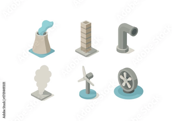 Fototapeta isometric icon items isolated on white background ocean vapor plant tall tower intake pipe steam plume turbine water base