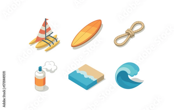 Fototapeta isometric icon items isolated on white background trimaran surfboard long hull rope ties foam spray tide line ocean curl