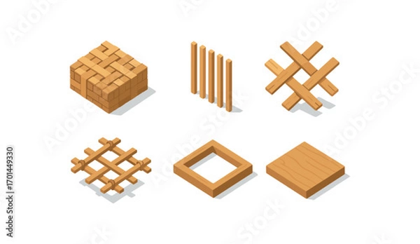 Fototapeta isometric icon items isolated on white background woven mat panel reed strips cross weave tied edges wood frame floor base