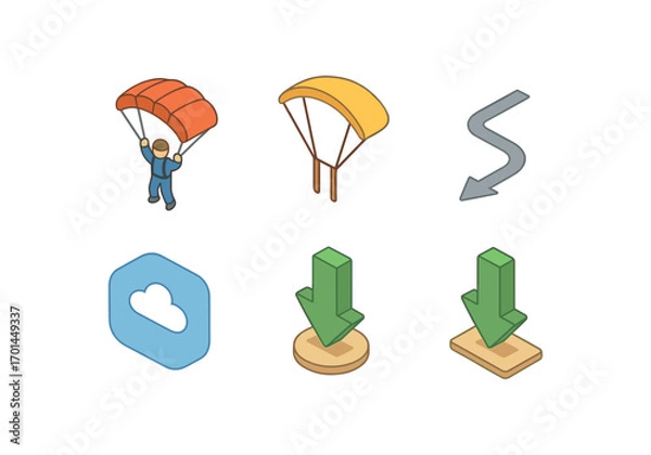 Fototapeta isometric icon items isolated on white background sky jump glide wide canopy rope straps glide path open sky landing arrow