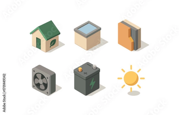 Fototapeta isometric icon items isolated on white background eco dwelling skylight roof insulated walls fan vent battery pack sun glow. isometric icon items isolated on white background reuse craft