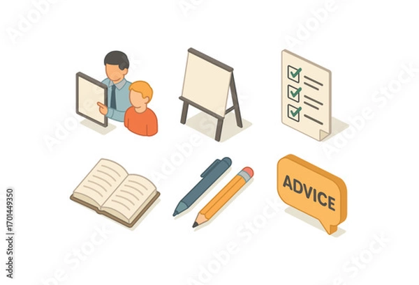 Fototapeta isometric icon items isolated on white background learning mentor whiteboard checklist page open book pen set advice