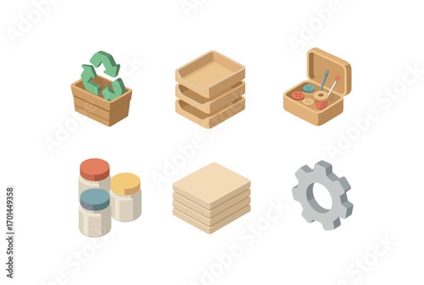 Fototapeta isometric icon items isolated on white background craft reuse hub sorting trays sewing kit paint jars stacked paper gear icon