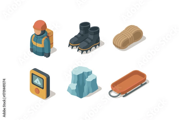 Fototapeta isometric icon items isolated on white background glacier rescuer crampon rope coil beacon device ice pit rescue sled