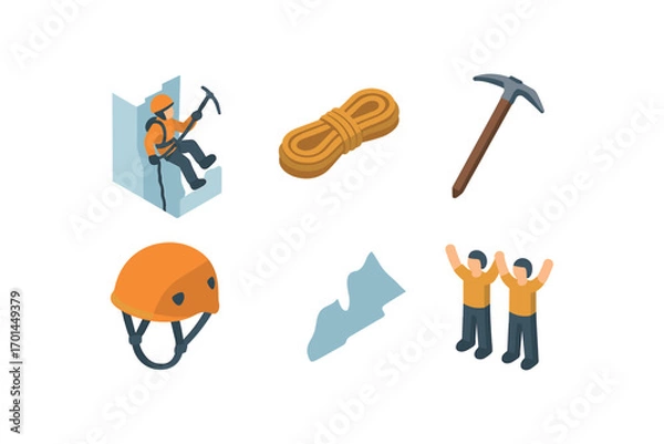 Fototapeta isometric icon items isolated on white background crevasse climb rescuer rope line ice axe helmet head snow ridge team signal