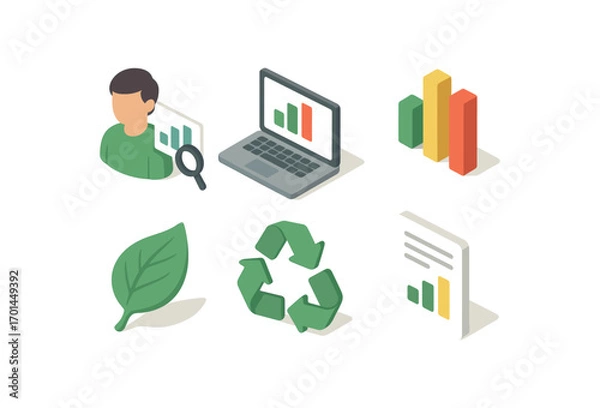Fototapeta isometric icon items isolated on white background sustainability data analyst laptop screen chart bars leaf icon recycle sign report page