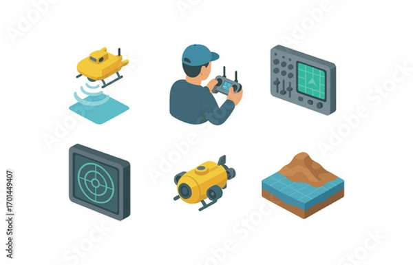 Fototapeta isometric icon items isolated on white background bathymetric scan drone pilot control panel sonar screen dive drone map grid ocean floor