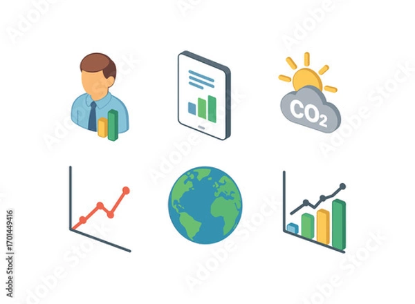 Fototapeta isometric icon items isolated on white background climate data analyst tablet sheet CO2 sun icon graph line earth symbol