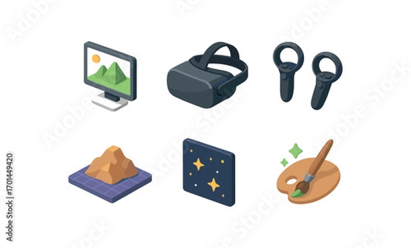 Fototapeta isometric icon items isolated on white background immersive 3D scene creator VR headset hand controllers terrain grid field paint glow