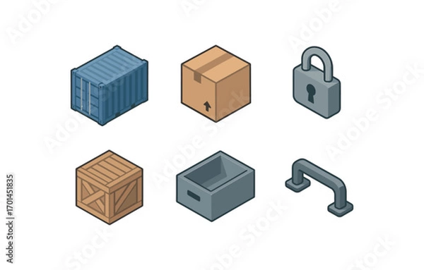 Fototapeta isometric icon items isolated on white background container shipping box lid lock crate lines storage symbol handle grip